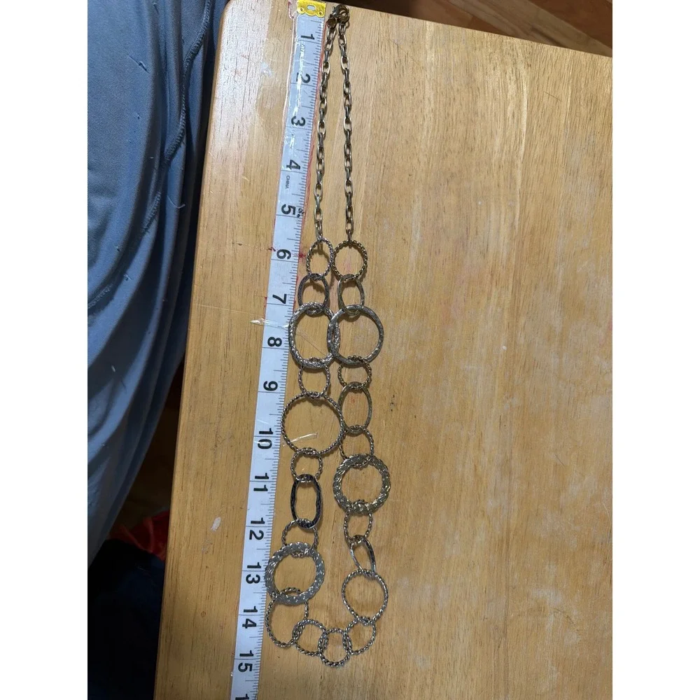 Silver Tone Textured Hammered Multi Circle Ring Long Link‎ Statement Necklace